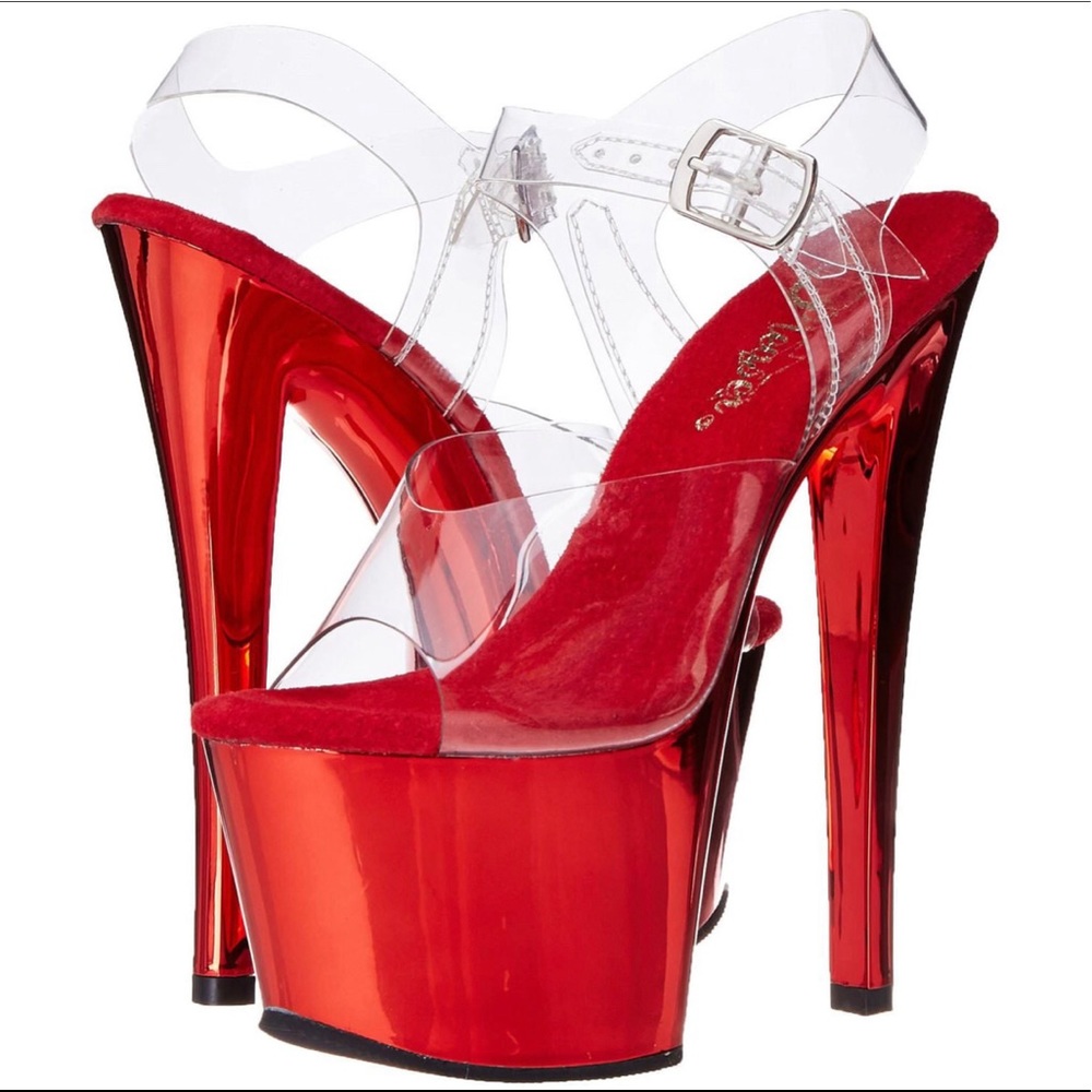 Pleaser Sky 308 Clear and Red Chrome Platform Heels.